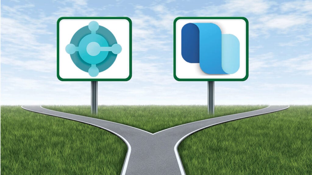 Abstract business graphic comparing Microsoft Dynamics 365 Business Central vs. Finance & Supply Chain — stylized icons and text over a gradient background to illustrate a software comparison hero image