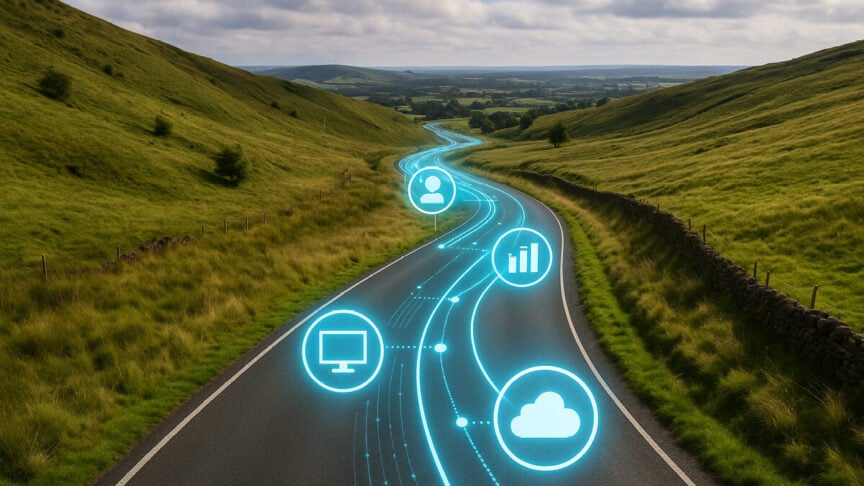 Wind-tunnel road winding through green hills with glowing blue data-icons (cloud, monitor, user, bar-chart) tracing a digital pathway. Visual metaphor for 'How to create a data strategy roadmap'.