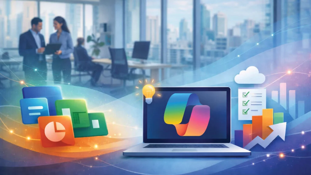 Microsoft Copilot displayed on laptop screen with Microsoft 365 app icons, cloud storage, analytics charts, and business professionals collaborating in modern office background.