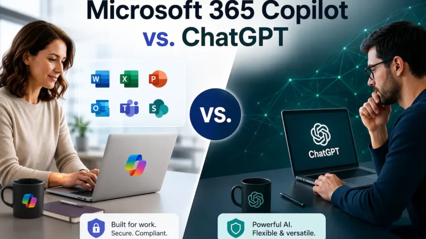 Microsoft 365 Copilot vs. ChatGPT comparison graphic showing Microsoft 365 apps, enterprise productivity tools, AI-powered business workflows, and ChatGPT for flexible AI assistance and content generation.
