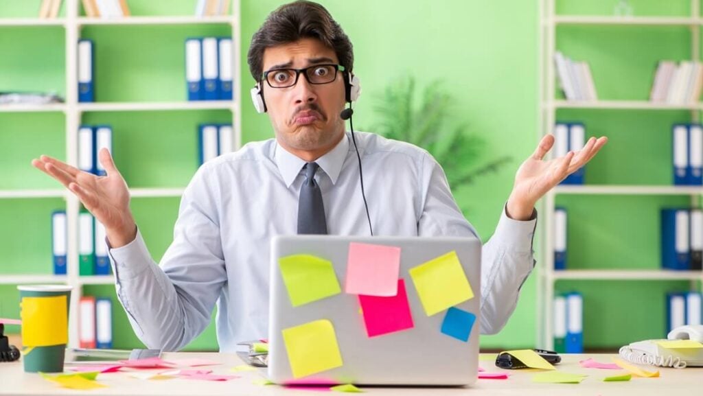 Frustrated employee with sticky notes