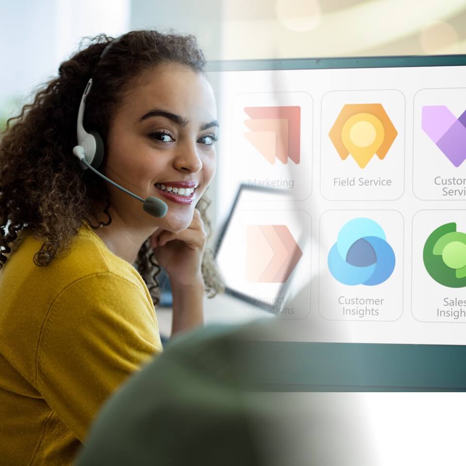 woman wearing headset with dynamics app icons on screen