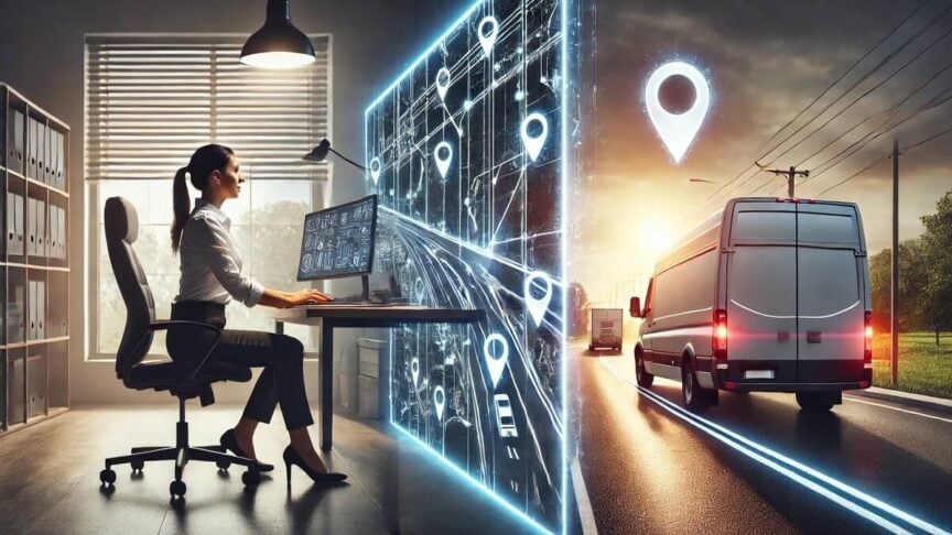 field service van with people working at desk at left