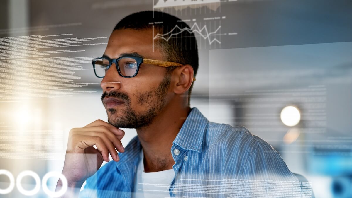 man pondering data