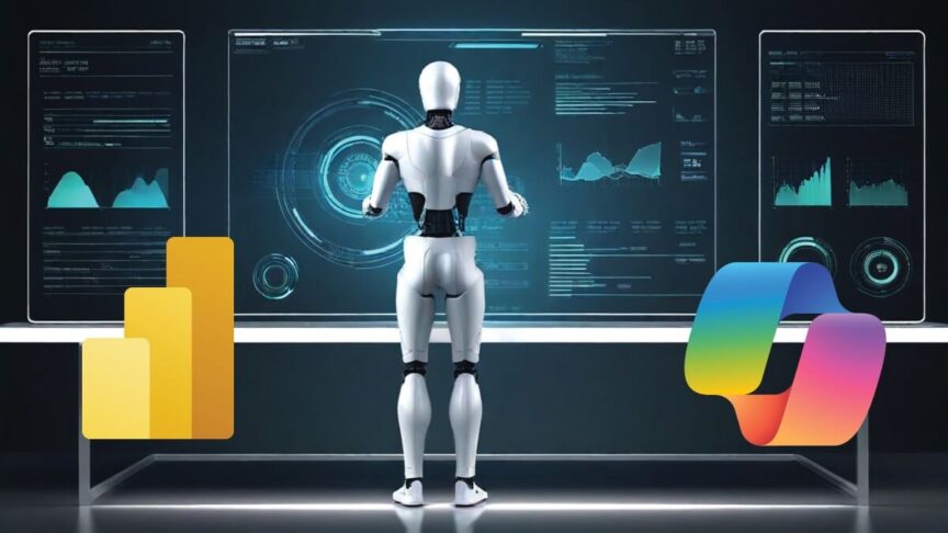 Robot with Power BI & Copilot logos