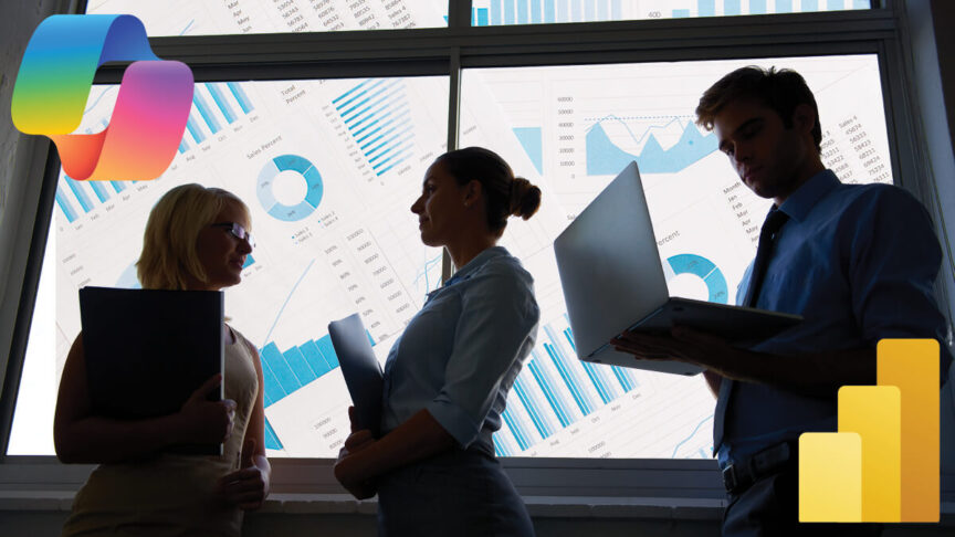 Three people reviewing charts and graphs on a large window, with documents and a laptop; includes bar, pie, and line graphs with data points and percentages.