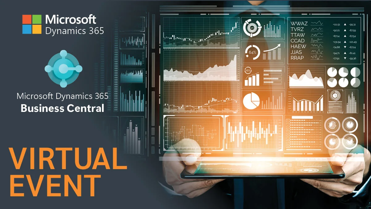 Microsoft Dynamics 365 Business Central Virtual Event promotional graphic with data charts on a tablet