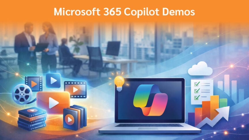 Promotional graphic titled "Microsoft 365 Copilot Demos" featuring a laptop displaying the Microsoft Copilot logo, surrounded by illustrated icons representing video content, a lightbulb, a checklist, and bar charts, with a blurred office background showing professionals collaborating.
