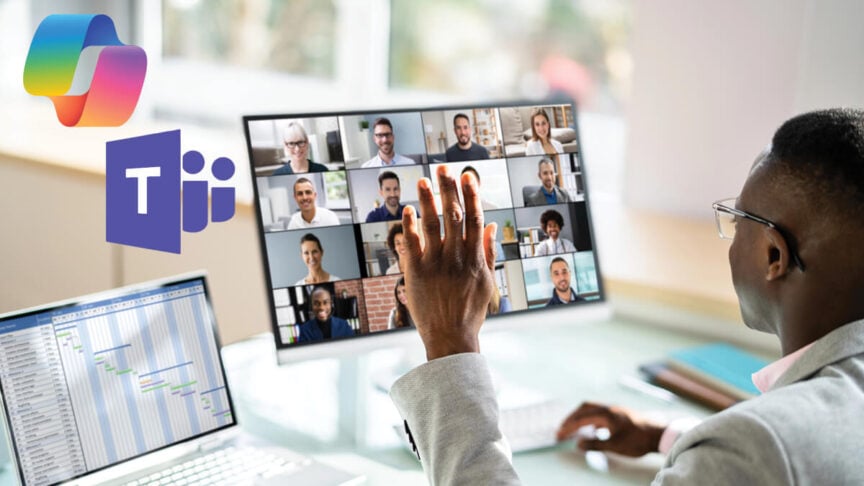 Business professionals collaborating over Teams, discussing Microsoft Copilot solutions, in a modern office setting.