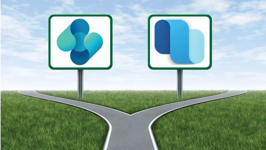 Illustration of a forked road splitting in two directions with signposts displaying Dynamics 365 Business Central and Dynamics 365 Finance & Supply Chain icons, symbolizing the decision between ERP solutions for growing businesses.