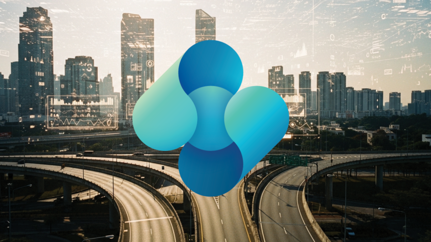 Microsoft Dynamics 365 Business Central logo overlaid on urban cityscape with modern skyscrapers and highway infrastructure.