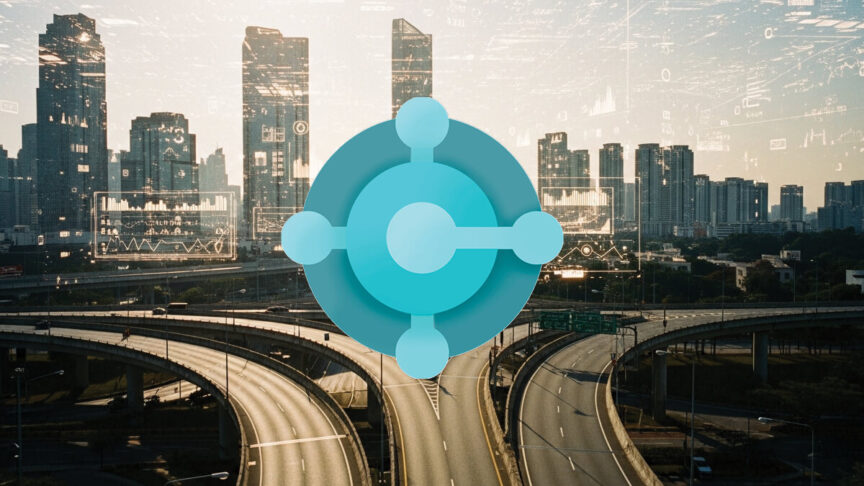 Microsoft Dynamics 365 Business Central logo overlaid on urban cityscape with modern skyscrapers and highway infrastructure.