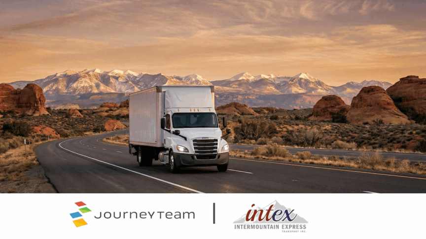 Freight truck driving through Western United States with snow capped mountains in background. JourneyTeam and Intermountain Express logos below