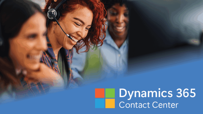 Customer service representatives wearing headsets working in contact center with Dynamics 365 Contact Center branding.