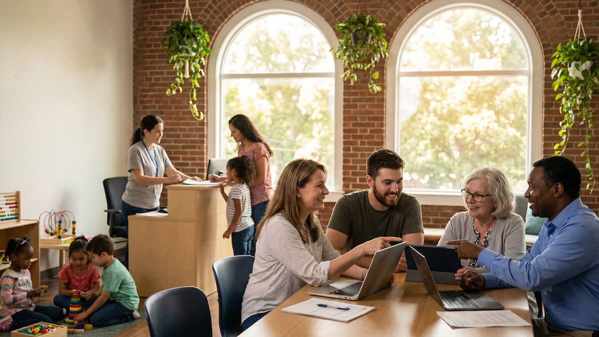 Team collaborating at table in bright nonprofit office with exposed brick walls and arched windows, while children play in background and volunteers work at reception desk