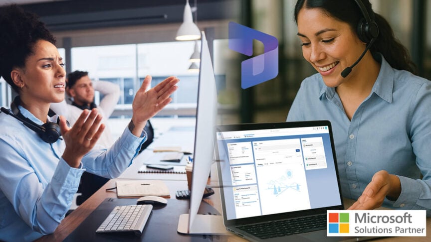 Split-screen image showing contact center professionals: woman in headset gesturing during video call on left, smiling woman with headset viewing analytics dashboard on laptop on right, with Microsoft Solutions Partner badge