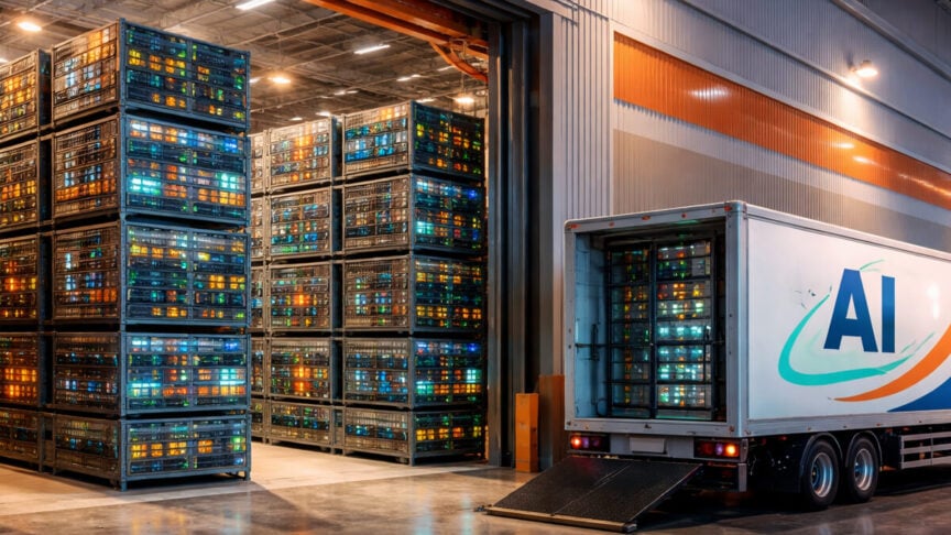 A white delivery truck with a large AI logo parked at a warehouse loading dock, filled with glowing crates of organized data blocks representing CRM data cleanup and processing by JourneyTeam.