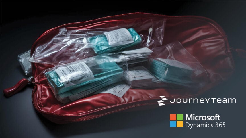 A red medical supply bag containing various packaged medical items, featuring the JourneyTeam and Microsoft Dynamics 365 logos in the bottom right corner.