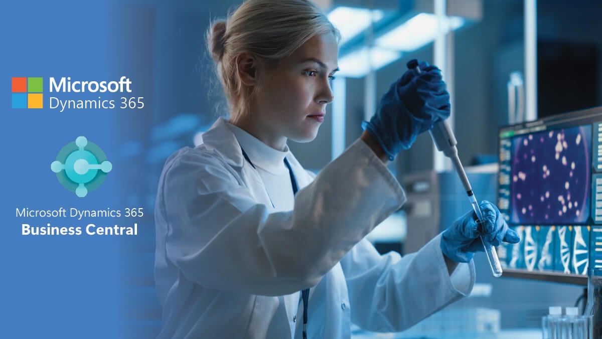Female scientist in lab coat examining blue liquid in flask in modern laboratory for Microsoft Dynamics 365 Business Central regulated manufacturing webinar