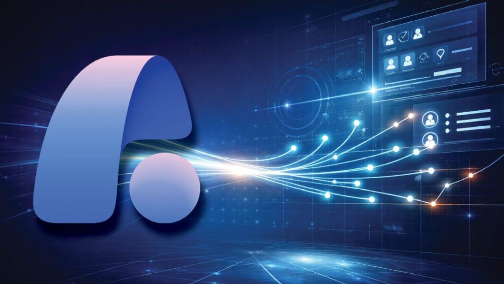 Abstract digital illustration featuring Agent 365 logo on the left, with glowing data streams flowing toward futuristic interface panels on the right, symbolizing technology integration and data connectivity.