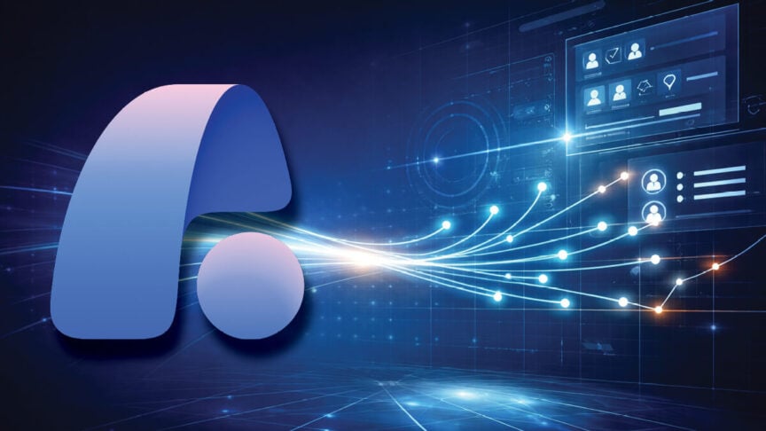 Abstract digital illustration featuring Agent 365 logo on the left, with glowing data streams flowing toward futuristic interface panels on the right, symbolizing technology integration and data connectivity.