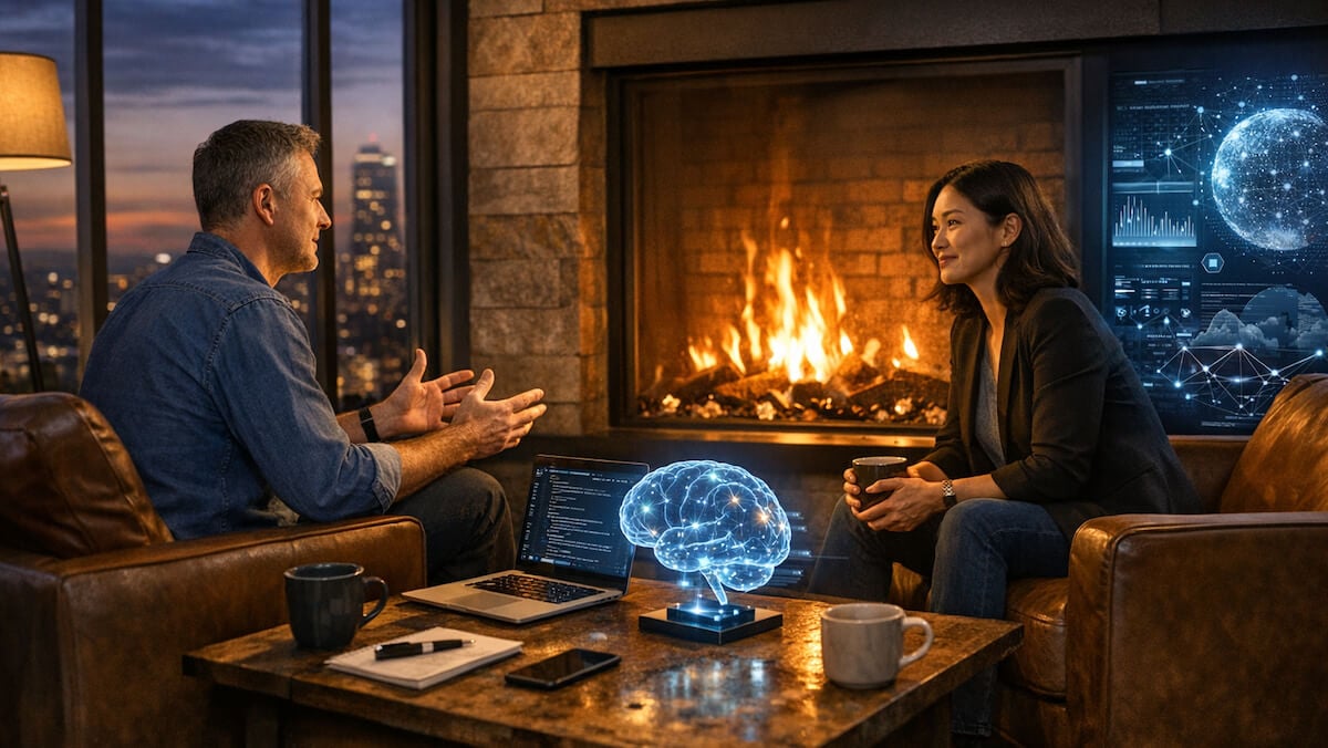 JourneyTeam video thumbnail for a Fireside Chat session featuring an interview between two team members in a professional lounge setting.