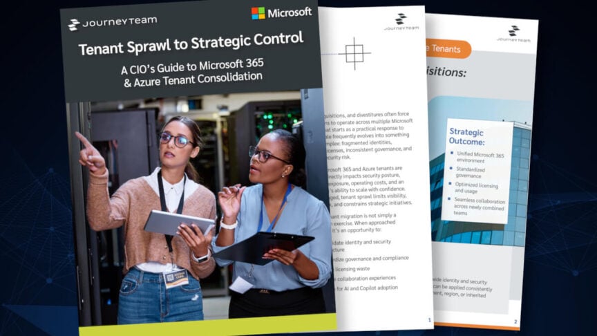 Cover of JourneyTeam’s Microsoft Tenant Migration eBook featuring a modern blue and white design with abstract geometric shapes, the Microsoft logo, and the title 'Microsoft Tenant Migration' prominently displayed.