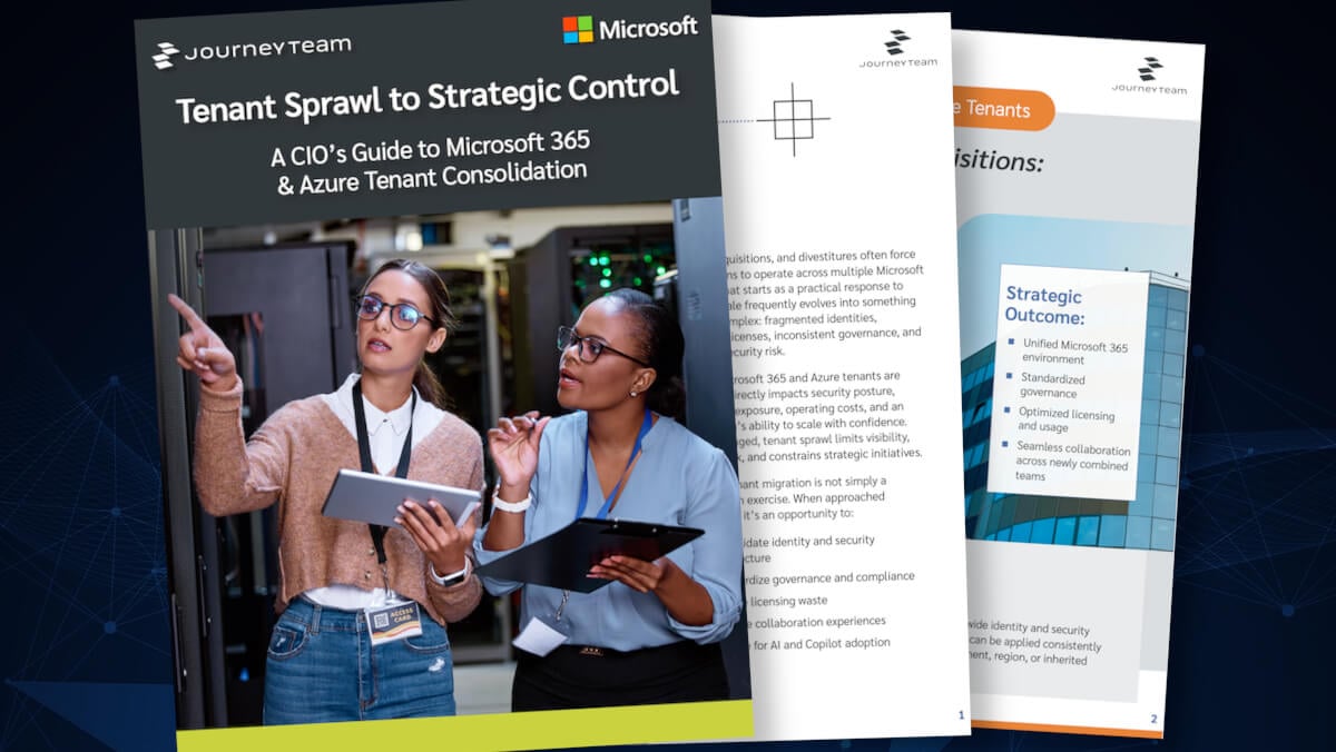 Cover of JourneyTeam’s Microsoft Tenant Migration eBook featuring a modern blue and white design with abstract geometric shapes, the Microsoft logo, and the title 'Microsoft Tenant Migration' prominently displayed.