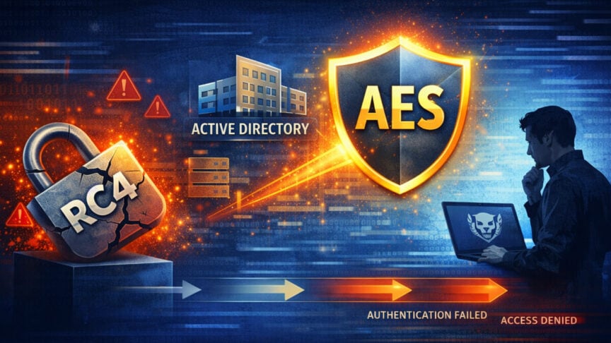 Illustration showing the transition from RC4 to AES encryption in Active Directory, with a cracked RC4 padlock on the left, an Active Directory building icon in the center, and a glowing AES security shield on the right