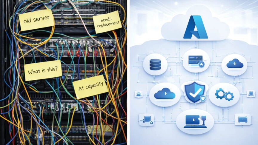 Modern illustration showing small and medium business representatives using laptops and tablets, connected to a large blue Microsoft Azure cloud icon, symbolizing cloud computing and digital transformation solutions for SMBs.