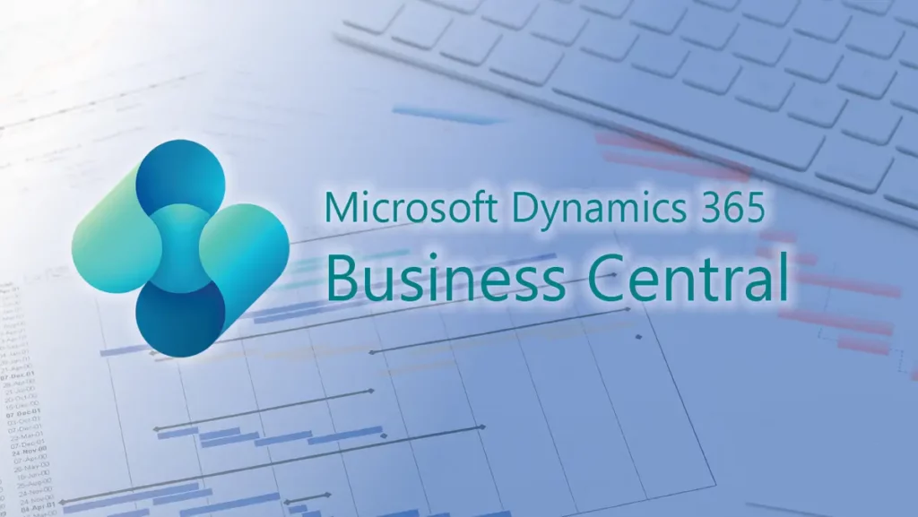 Microsoft Dynamics 365 Business Central logo overlaid on project Gantt charts and financial spreadsheets