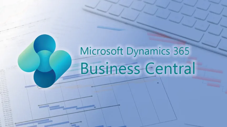 Microsoft Dynamics 365 Business Central logo overlaid on project Gantt charts and financial spreadsheets