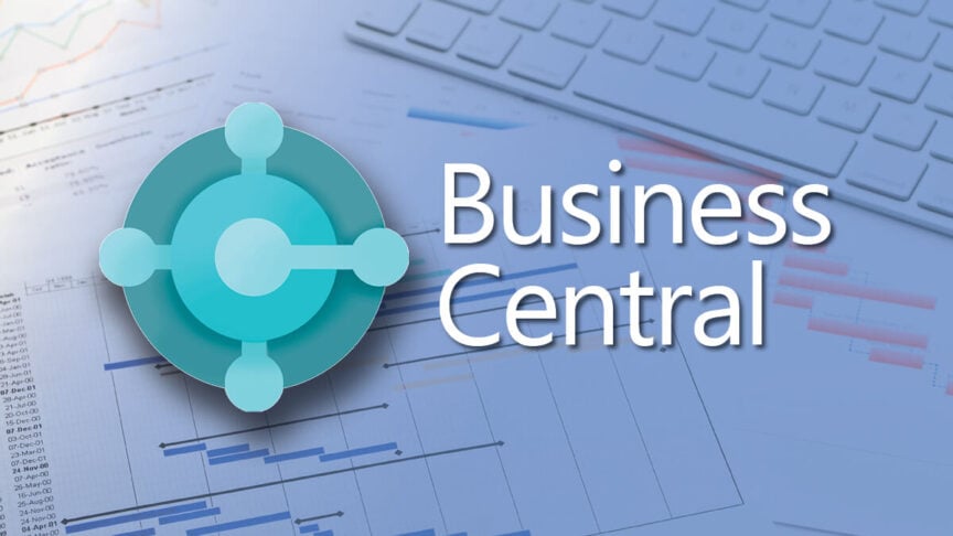 Microsoft Dynamics 365 Business Central logo overlaid on project Gantt charts and financial spreadsheets