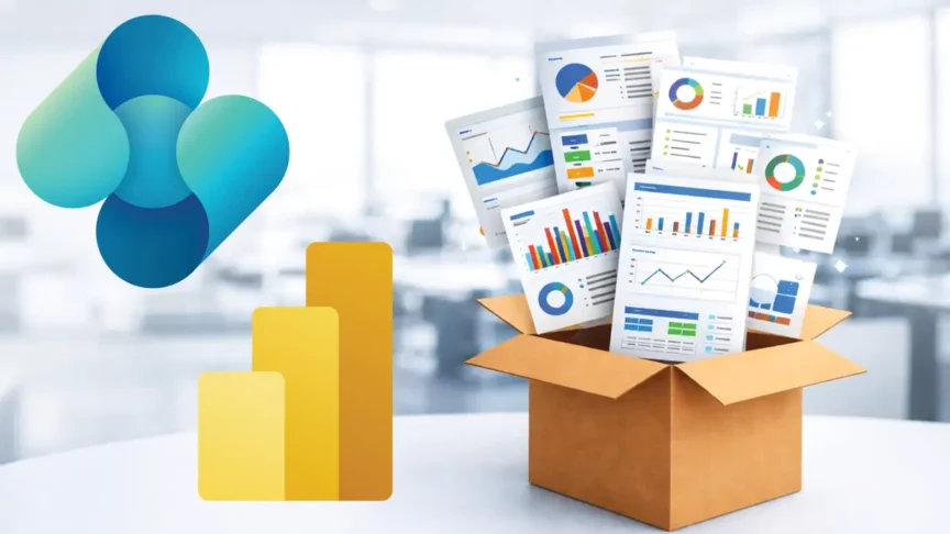 Microsoft Dynamics 365 Business Central and Power BI logos next to an open box overflowing with financial reports, dashboards, and charts