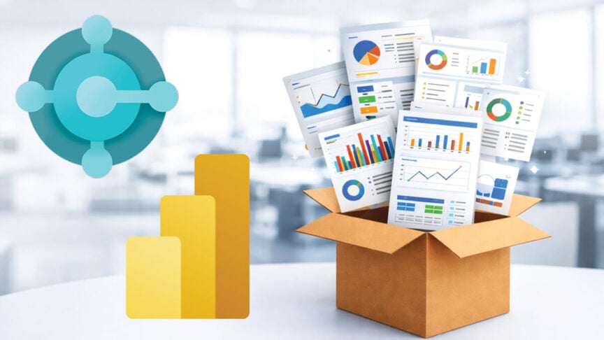 Microsoft Dynamics 365 Business Central and Power BI logos next to an open box overflowing with financial reports, dashboards, and charts