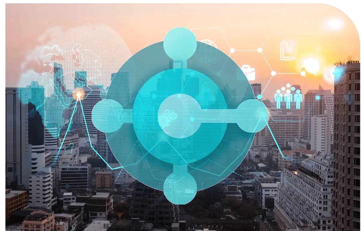 Digital integration hub over a modern city skyline representing a Dynamics 365 Business Central partner connecting data, systems, and teams.