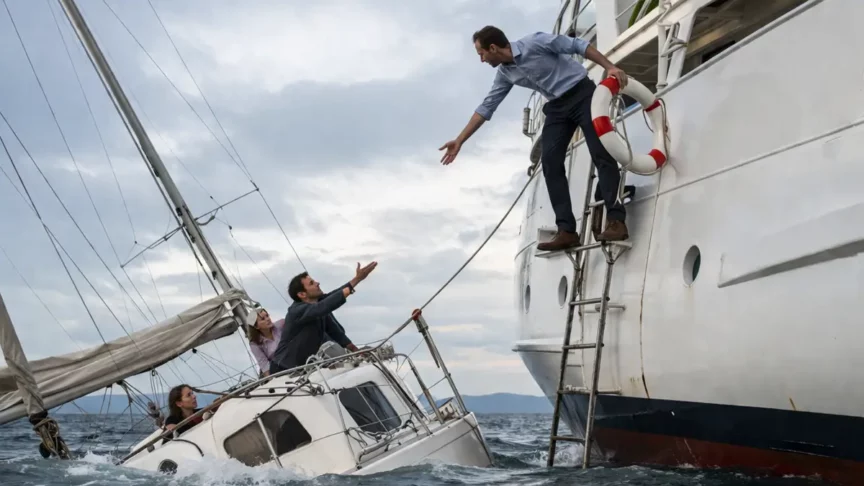 A struggling sailboat crew reaching toward a larger ship for help, representing expert guidance during a complex ERP recovery.