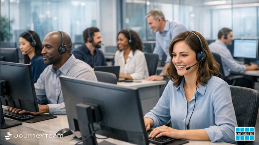 Contact center showing customer service representatives working on calls