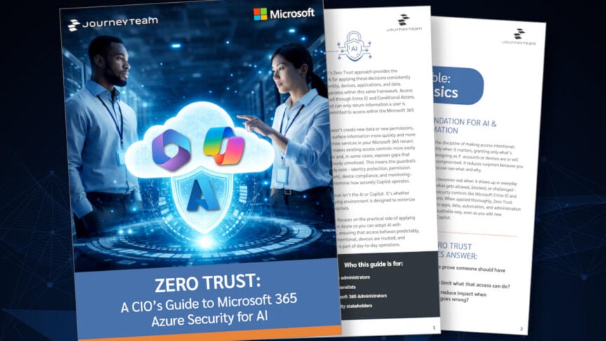 Cover page of JourneyTeam’s “Zero Trust CIO Guide to M365 & Azure Security with AI,” featuring a dark blue background, digital security icons, and bold white typography highlighting Zero Trust strategy and Microsoft cloud solutions.