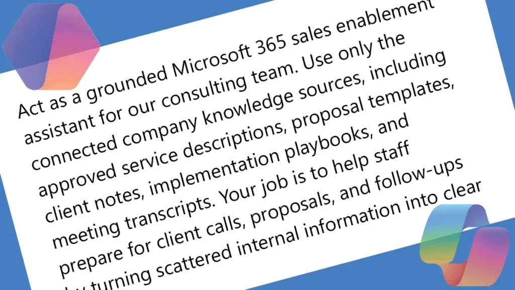Tilted white card on a blue background with abstract Microsoft-style shapes and text about a Microsoft 365 sales enablement assistant using internal knowledge sources.