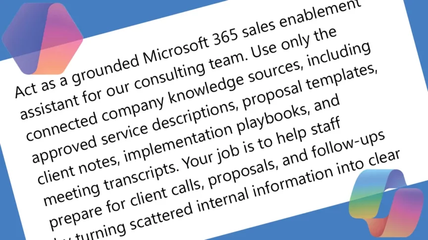 Tilted white card on a blue background with abstract Microsoft-style shapes and text about a Microsoft 365 sales enablement assistant using internal knowledge sources.