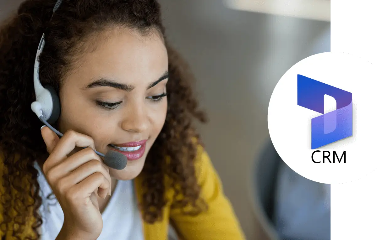 Close-up of support specialist with headset working in CRM system alongside Dynamics 365 CRM logo, illustrating CRM consulting services and customer engagement.