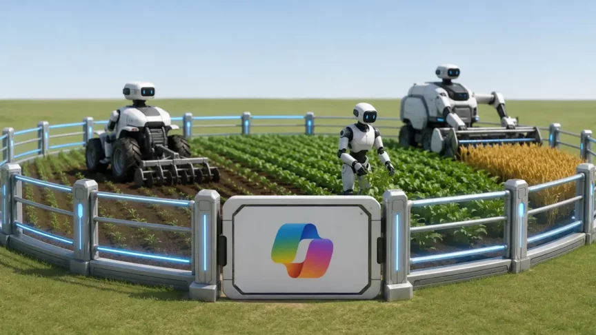 Autonomous robots and smart tractors working together inside a high-tech, enclosed farm, symbolizing AI-powered automation and low-risk Copilot use cases in real-world operations.