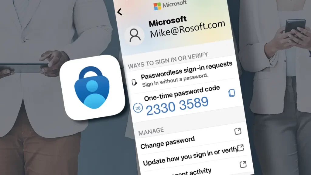 Hero image of Microsoft passwordless authentication interface on a mobile device showing sign‑in approval and one‑time code, alongside a security lock icon, illustrating phishing‑resistant identity protection and modern passwordless login methods.