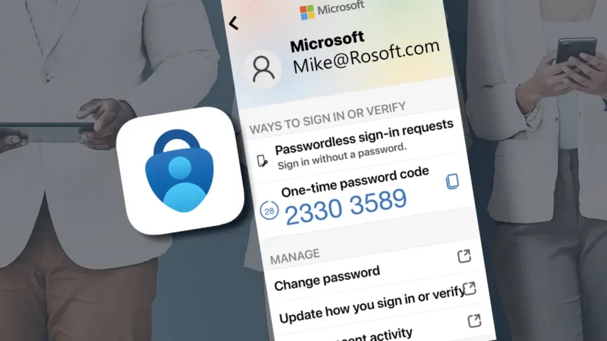 Hero image of Microsoft passwordless authentication interface on a mobile device showing sign‑in approval and one‑time code, alongside a security lock icon, illustrating phishing‑resistant identity protection and modern passwordless login methods.