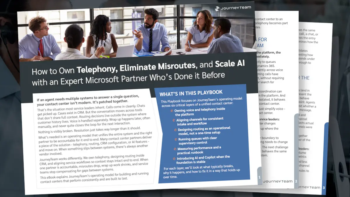 Why JourneyTeam for Contact Center (CCaaS)” ebook cover showing team collaboration on AI-powered contact center and telephony strategy