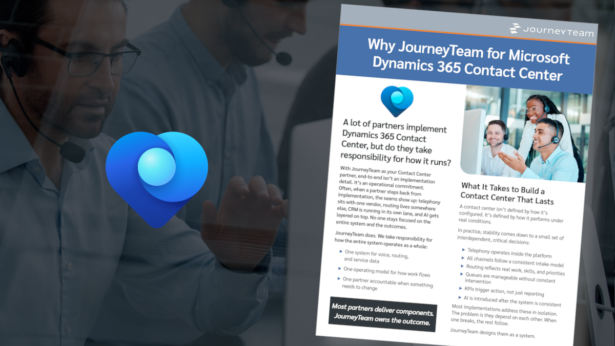 Why JourneyTeam for Contact Center (CCaaS)” overview cover showing team collaboration on AI-powered contact center and telephony strategy