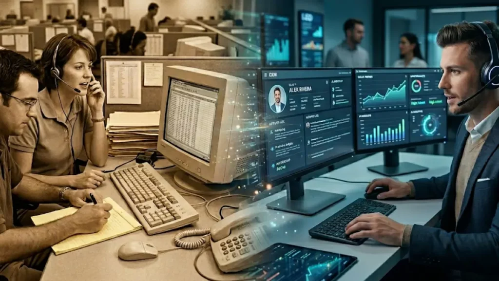 Copilot said: Split view of a contact center showing legacy support agents using outdated computers alongside a modern AI-enabled support environment with real-time dashboards and analytics.
