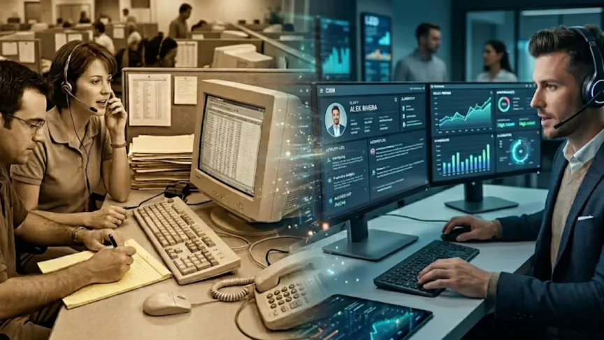 Copilot said: Split view of a contact center showing legacy support agents using outdated computers alongside a modern AI-enabled support environment with real-time dashboards and analytics.