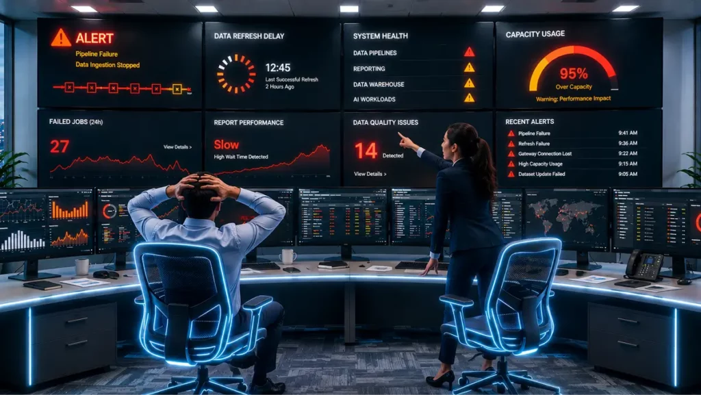 Large data operations dashboard displaying critical system alerts, including pipeline failure, stopped data ingestion, delayed refresh times, and high capacity usage.